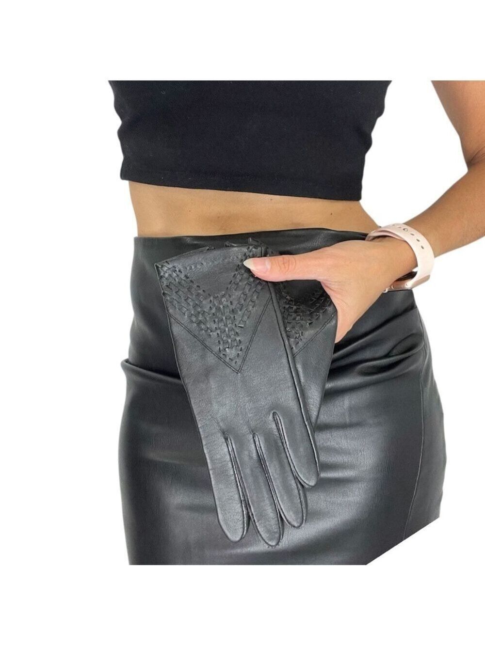 NWT Vintage 70s black vegan leather Novakid by Aris short wrist length gloves S